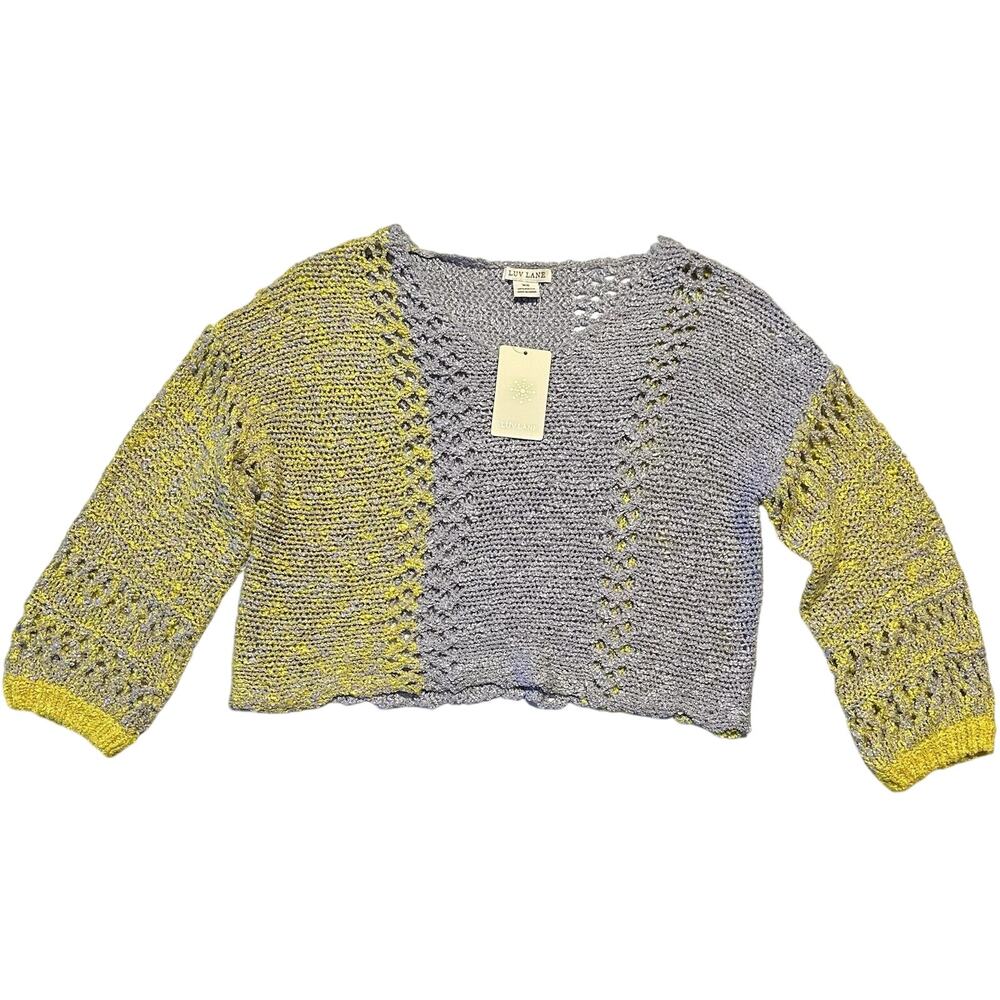 Luv Lane Women’s Knitted Sweater Xsmall Yellow Gray Long Sleeve Cropped Pullover